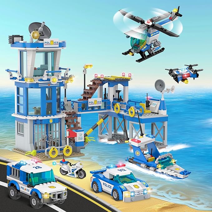 EP EXERCISE N PLAY City Police Prison Station Building Set with Police Patrol Car, Cop Truck, Drone, Motorcycle, Helicopter, Patrol Ship Building Blocks Toy Kit Gift for Boys 6-12 Kids