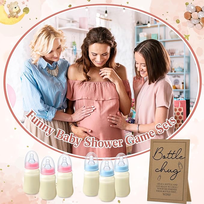 Roowest Bottle Chug Baby Shower Game Favors Including Kraft Theme Wooden Sign and 18 Pcs Baby Bottles for Gender Reveal Party Supplies