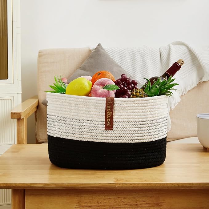 15"x10"x9" Storage Basket (3 Pack), Woven Baskets for Shelves, Blanket Storage for Living Room, Toy Basket for Nursery, 100% Cotton Rope, Safe for Baby