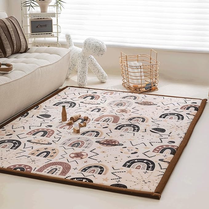 Loartee Rainbow Kids Play Mat - Baby Nursery Velvet Memory Foam Mat, Brown, 59"x59"