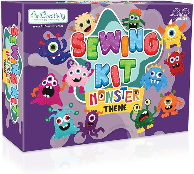 Halloween Monster Craft Sewing Kit for Kids - Sewing Craft Kit with 12 Monster Characters, 6 Child-Friendly Needles, 7 Thread Bundles, 1 Bag of Stuffing, and Scissors - Sewing Craft Ages 5 6 7 8 9 10+