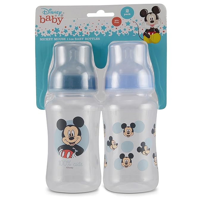 Disney Mickey Mouse Baby Bottles 11 oz for Boys or Girls | 2 Pack of Infant Hourglass Shaped Bottles with Cover for Newborns and All Babies | BPA-Free Plastic Baby Bottle for Baby Shower
