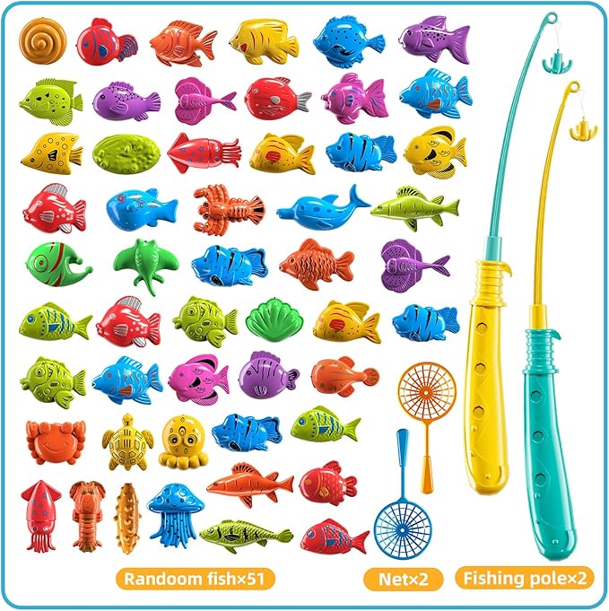 TEMI Fishing Toy Game for Kids 3 4 5 6 7 8 Years Old, 51 Fish Bath Playset for Toddlers, Toy Magnetic Rod and Fishing Net, Outdoor Water Toys for Kids Age 3-5, Party for Boy and Girl