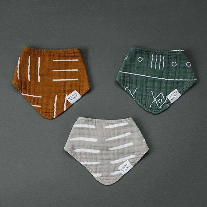 Mebie Baby Muslin Cotton Bib, 3 pack, Baby Bib Set for Burp, Spit Up, Drool, Bandana Bibs for Baby Boy or Baby Girl