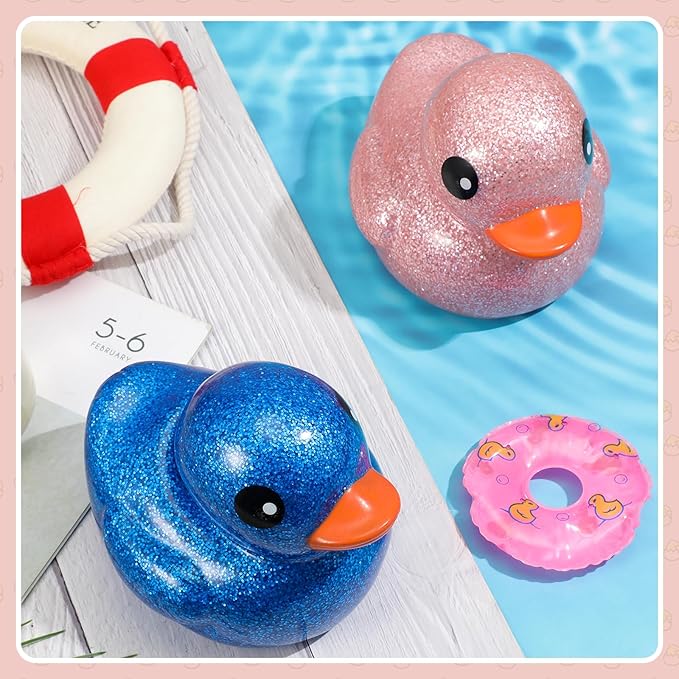 Honoson 2 Pcs 6.89 Inch Giant Glitter Rubber Ducks Big Sparkly Rubber Ducks Jumbo Bathtub Toys with Squeaky Sound for Baby Shower Pool Activity Birthday Gift(Glitter,Blue, Pink)