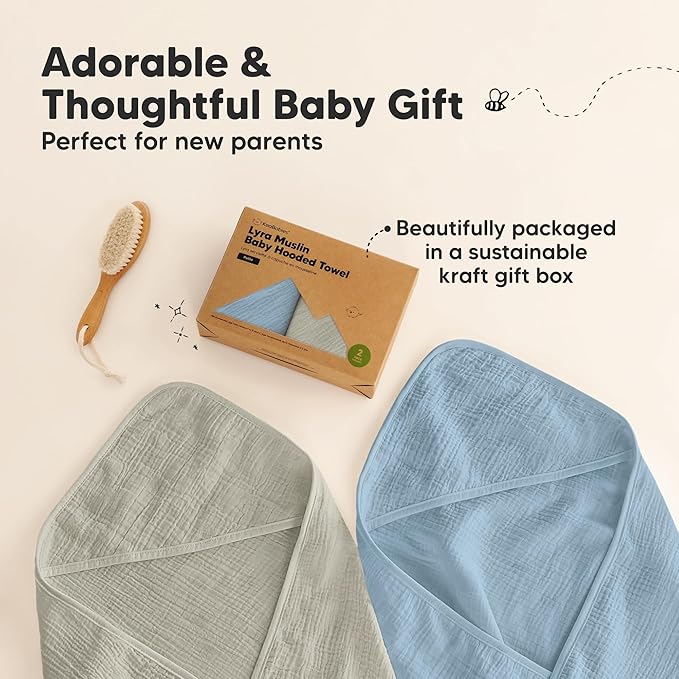KeaBabies Muslin Hooded Baby Towels for Newborn Girls, Boys - 2-Pack, 30x30 Organic Cotton Baby Bath Towels Hooded, Soft Absorbent, Toddlers, Kids, Infant, Newborn Bath Essentials (Steel, Petite)