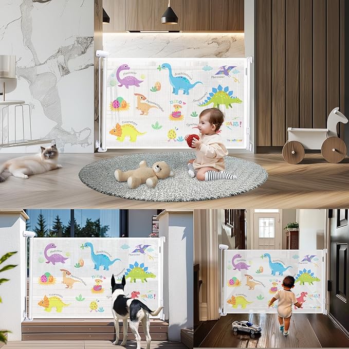 Retractable Baby Gate for Doorways and Stairs, Mesh Safety Gate for Pet, Indoor & Outdoor Use, One-Hand Operation, Easy Installation, 34" Tall, Expands to 55" Wide (Dinosaurs, 34"x55")
