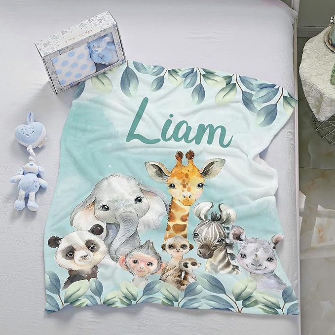 J&SBGFT Personalized Baby Blanket for Boys,Custom Baby Blanket with Name, Customized Name Blanket Receiving Blankets for Toddlers Kids Nursery Stroller Crib Decor Throw,Safari Animal Forest