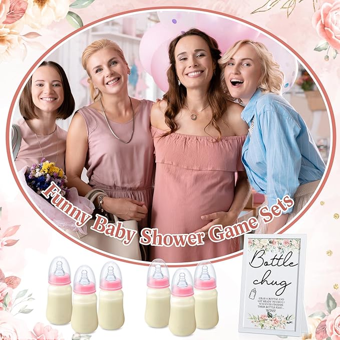 Roowest Bottle Chug Baby Shower Game Favors Including Flower Theme Bottle Chug Game Wooden Sign and 18 Pcs Pink Baby Bottles for Baby Shower Game Gender Reveal Party Supplies