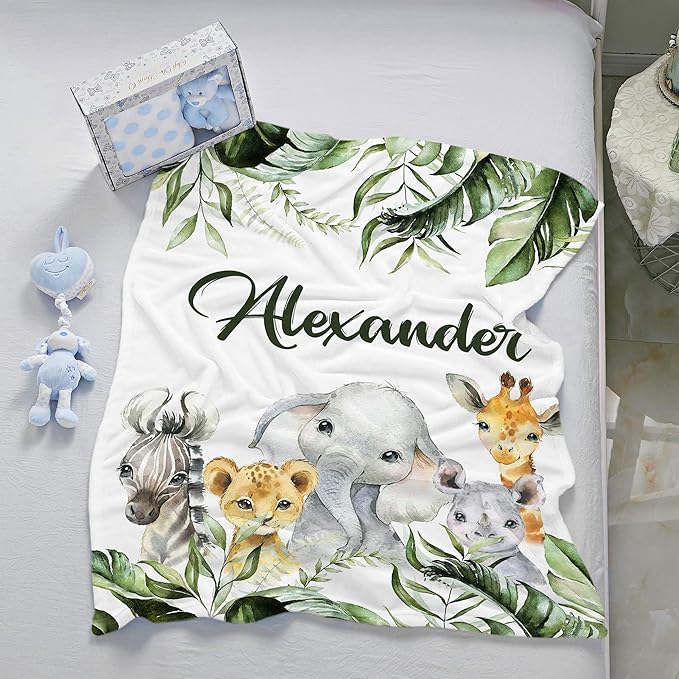 J&SBGFT Personalized Baby Blanket for Boys,Custom Baby Blanket with Name, Customized Name Blanket Receiving Blankets for Toddlers Kids Nursery Stroller Crib Decor Throw,Safari Animal Green
