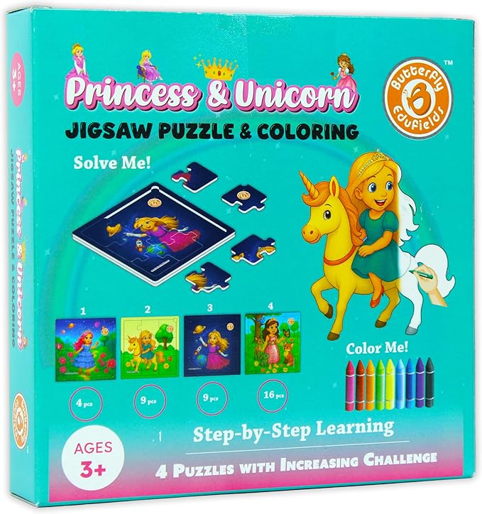 Butterfly EduFields 4-in-1 Princess & Unicorn Jigsaw Puzzles for Girls | 38 Pcs Puzzle Toy for Kids Age 3 4 5 6 7 Years | Preschool Learning with Coloring Sheets | Birthday Gift for Girls