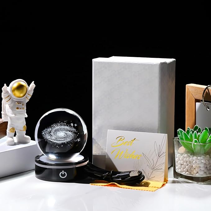 3D Galaxy Model Crystal Ball Led Lamp Base - Space Decor World Globe Planets Sphere Night Light 80mm 3.15 Inch - Solar System Decor Best Birthday Astronomy Gifts for Men Physics Science Teacher