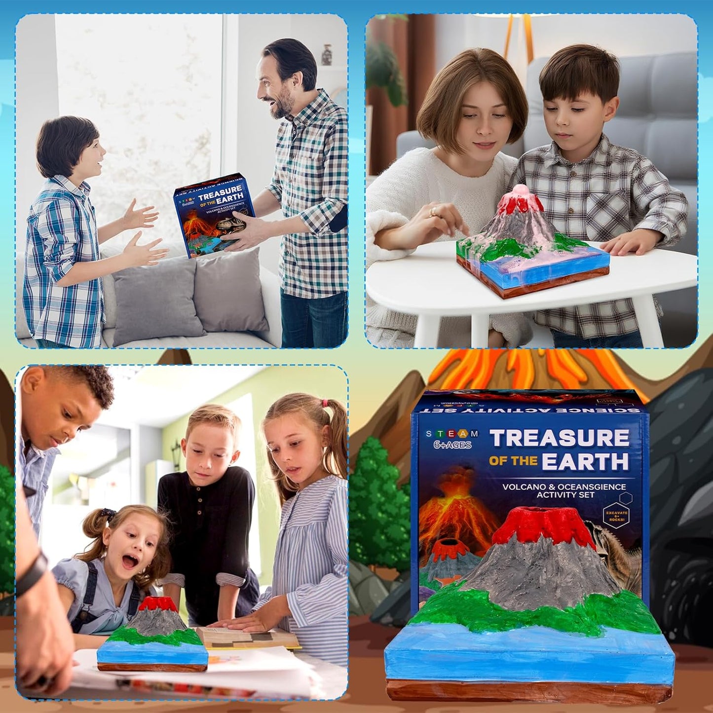Volcano Science Kit - 6 Rocks Gemstone Excavation Kit, Dinosaur Fossil Digging Kit for Kids,Erupting Volcano Toy Rock Collections STEM Toys Gift for Boys & Girls