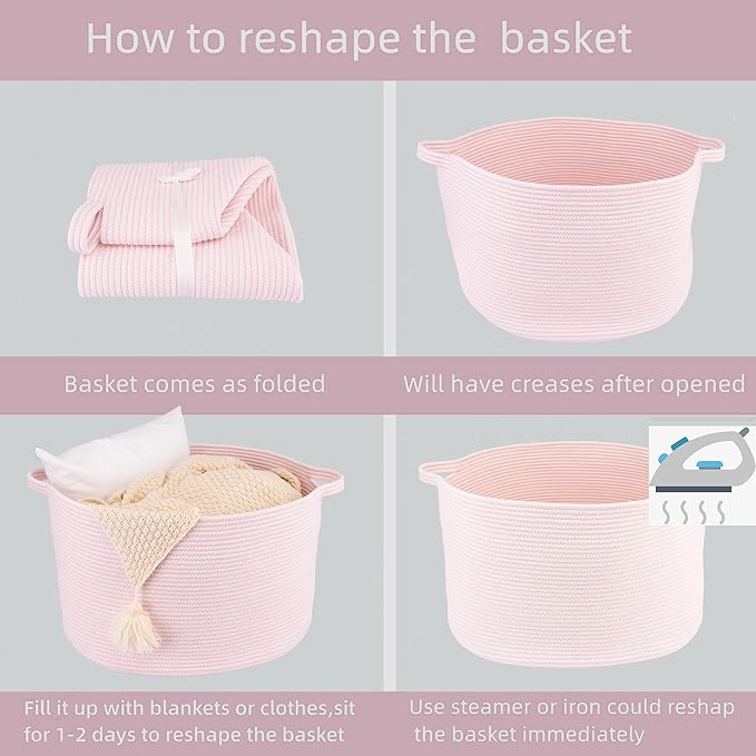 Large Cotton Rope Basket Blankets Basket Living Room 22"x14" Toy Baskets for Kids and Dogs Rope Storage Baskets for Nursery Woven Laundry Baskets for Clothes Towels Baby Toy Storage Round pink