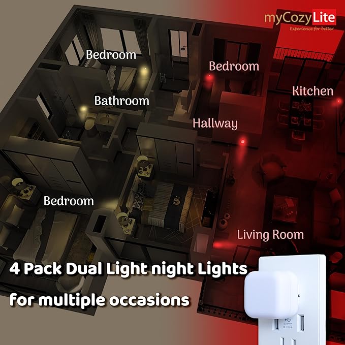 myCozyLite Red Night Lights Plug into Wall, Warm White Light, 2 in 1, Plugin Nightlights 4 Pack, Dusk to Dawn Sensor, Dimmable, Automatic Lights, for Bathroom, Bedroom, Kitchen, Hallways, Nursery