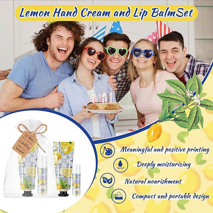 24 Sets Lemon Hand Cream and Lip Balm Gift Lemon Bridal Baby Shower Party Supply Travel Size Hand Lotion and Lip Balm Bulk with Organza Bag and Tag Wedding Baby Shower Party