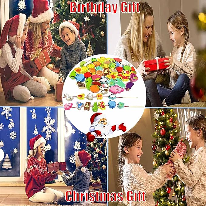 46 PCS Montessori Wooden Lacing Beads Toys for Toddlers,Educational Stringing Animals Fruits Farm Threading Beads Preschool Learning Toys for Kids 3 4 5 6 Year Old Boys Girls…