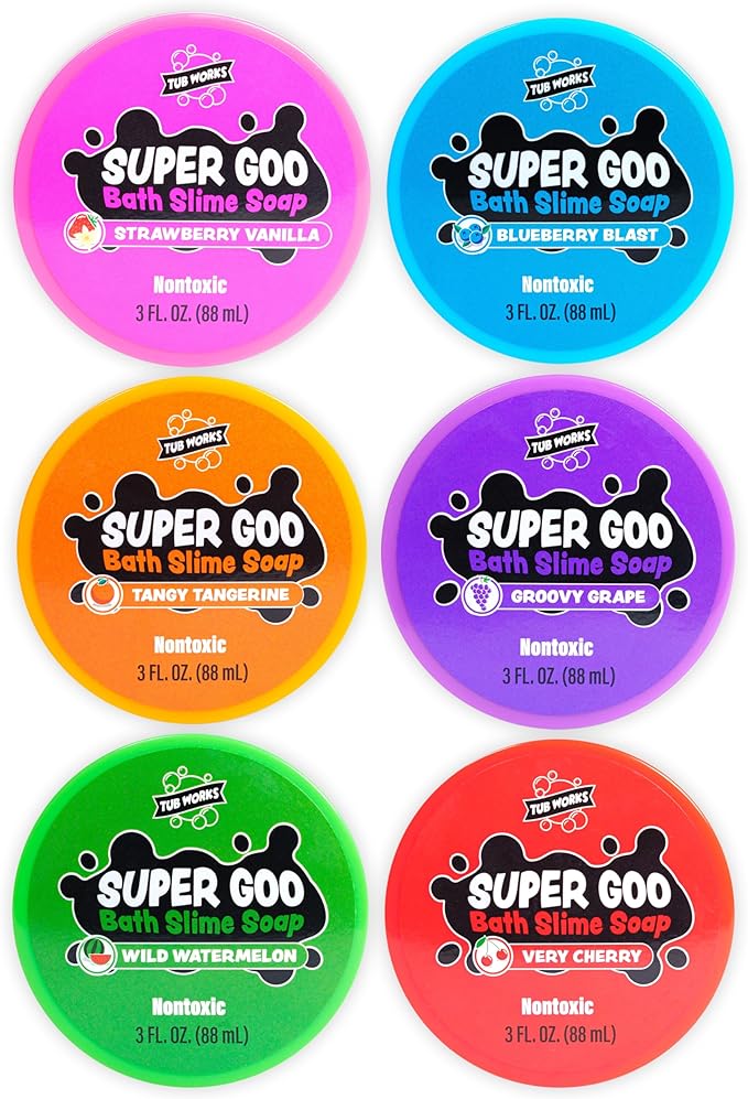 Tub Works Super Goo Bath Slime Soap Bath Toy, 6 Pack | Stretchy, Squishy Slime Soap for Kids Bath | Fresh, Fruity Scents | Nontoxic | Sensory Fun Kids & Toddler Bath Toys