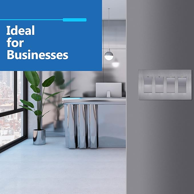 LIDER Brushed Finish Decorator Switch Cover, Screwless Wall Plate, Mid-Size 4-Gang 4.88" x 8.58", Unbreakable Polycarbonate Thermoplastic, UL Listed, LSWP-34M-BSV, Brushed Silver