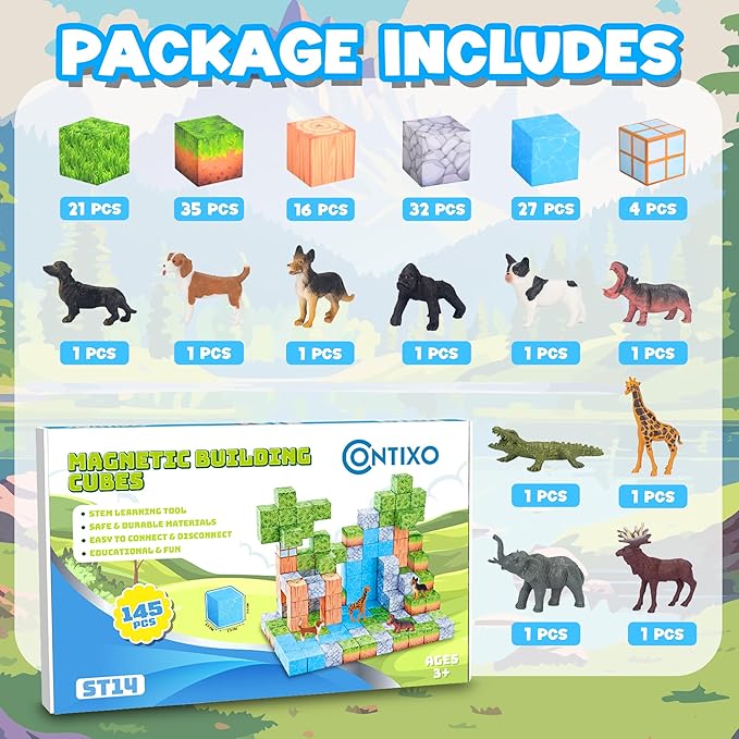 Contixo Magnetic Blocks - 145 PCS Magnet Cubes Building Tiles for Kids Ages 3-12, STEM Learning Toys with Vibrant Colors, Educational Toddler Toys for Creative Play, Birthday Gifts for Boys and Girls