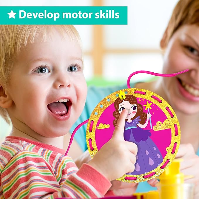 EZCRA Premium Foil Edge Lacing Cards for Kids Ages 3-6 | 10 Double-Sided Unicorn and Fairy Sewing Cards with Multilingual Learning | Durable Cardboard Fine Motor Skills Activity Kit