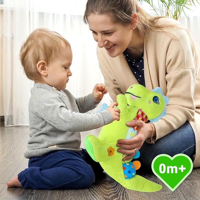 Baby Dino Musical Stuffed Animal Toys for 0-3-6-9-12 Months,Infant Dinosaur Tummy Time Toys with Crinkle Sound Paper,Teether,Textures & Rattles for Newborn Boys Girls Birthday Gifts,Green