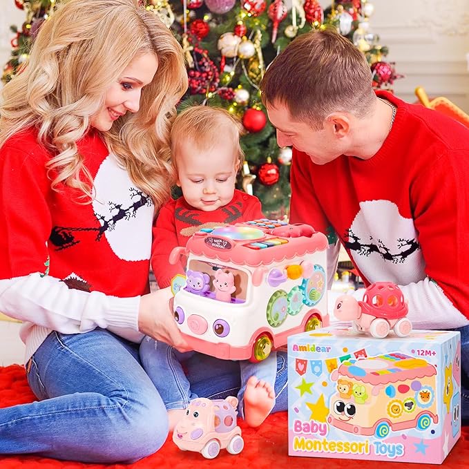 Baby Gift for 1-2 Year Old Girl, 10-in-1 Montessori Toys Bus for Baby 6-12-18 Months+, Educational Musical Sensory Learning Toddler Toys Age 1-2, First Christmas and Birthday Gifts Pink