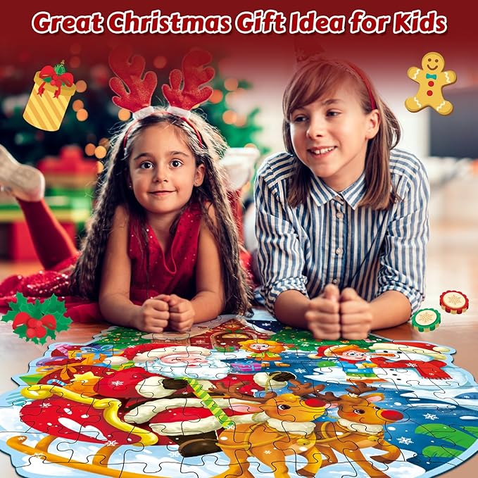 Christmas Floor Puzzle for Kids Ages 3-5 & 4-8, 88 Piece Blue Cardboard Jigsaw Puzzles for Kids, Learning Educational Toys Birthday, for 3 4 5 6 Year Old Girls & Boys