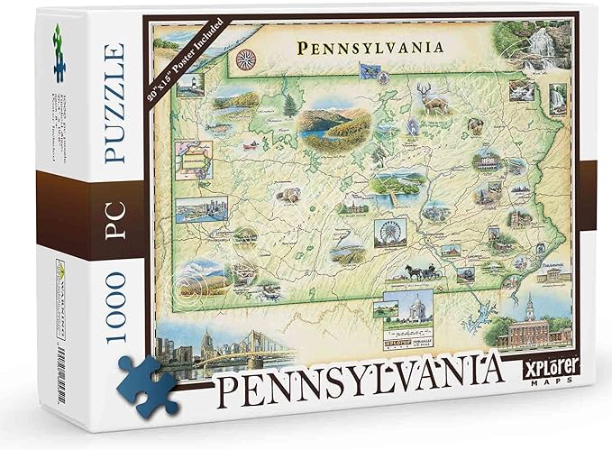 Pennsylvania State Map Cardboard Jigsaw Puzzle - 1000 Pieces, Hand-Illustrated - Educational, Family Activity, Ages 8+, Includes Poster - 25.4 x 19.8