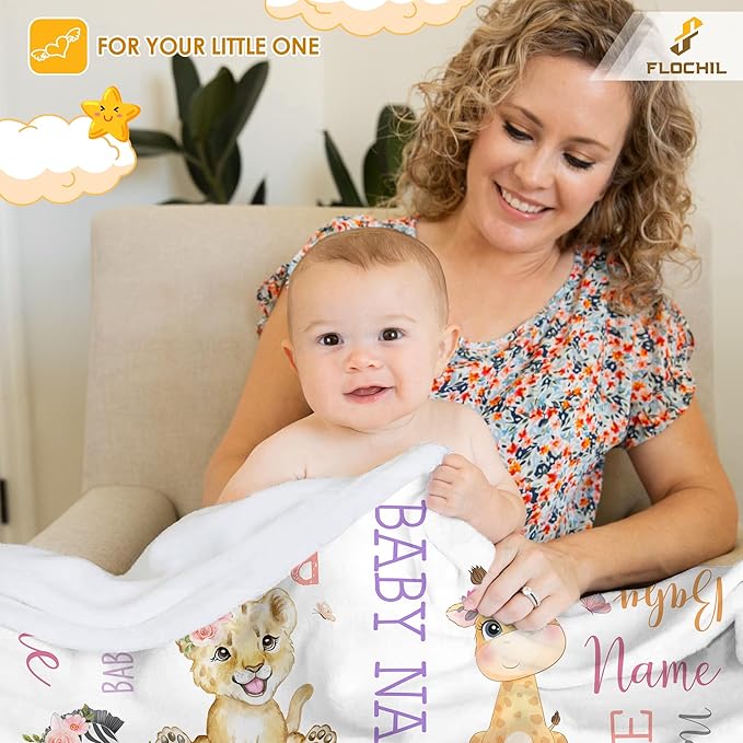 FLOCHIL Personalized Baby Blanket for Girls, Custom Baby Blanket with Name, Customized Baby Products, Gift for Baby, Newborn, Baby Shower (Monogram)