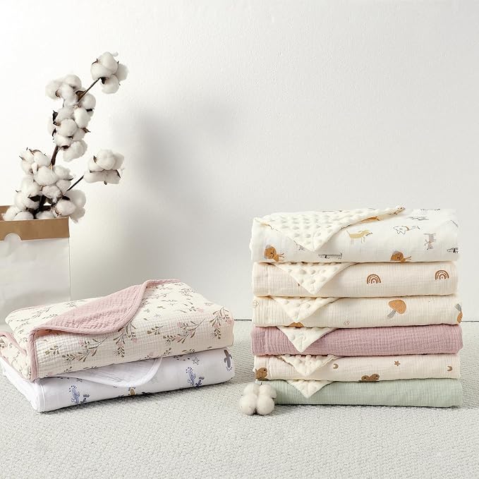 CREVENT 30''X40'' Organic Muslin Cotton Baby Blanket for Newborns, Soft Mink Backing, Essential for Baby Shower Birthday Gift - Pink 75X100cm