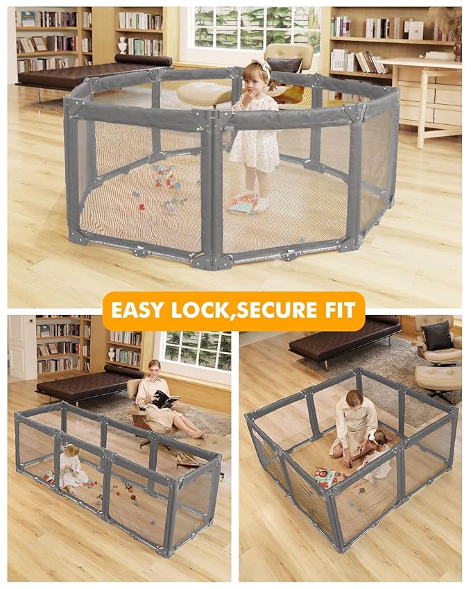 Extra Wide Baby Gate Playpen with Heat-Resistant Mesh,8 Panel Foldable Baby Fence,Indoor/Outdoor Safety Barrier,Dog Playpen & Fireplace Gate Gray