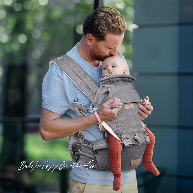 FRUITEAM 6-in-1 Baby Carrier with Waist Stool/Hip Seat for Breastfeeding, One Size Fits All - Adapt to Newborn, Infant & Toddler (Greyish)