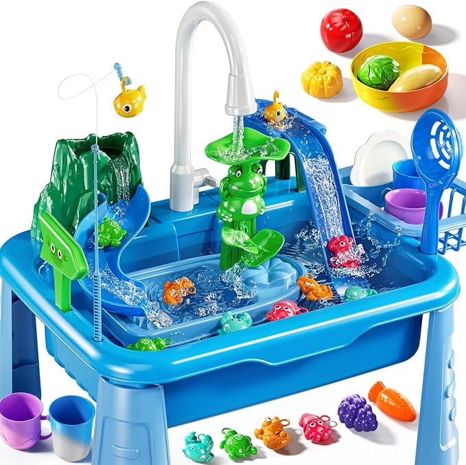 Water Table Play Sink Toy for Kids 2 3 4 5 6 Years Old - Outdoor Kitchen with Running Water, Fishing Games, Toddler Water Play Table for Kids Ages 3-8, Beach Outdoor Toys, Summer Gifts