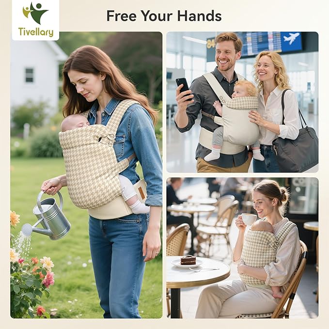 Reversible Baby Carrier, Khaki Solid & Houndstooth; Lightweight & Breathable Lyocell Fabric; Ergonomic Lumbar Support and Quick Hands-Free Wear for Newborn to Toddler (7–44 lbs)