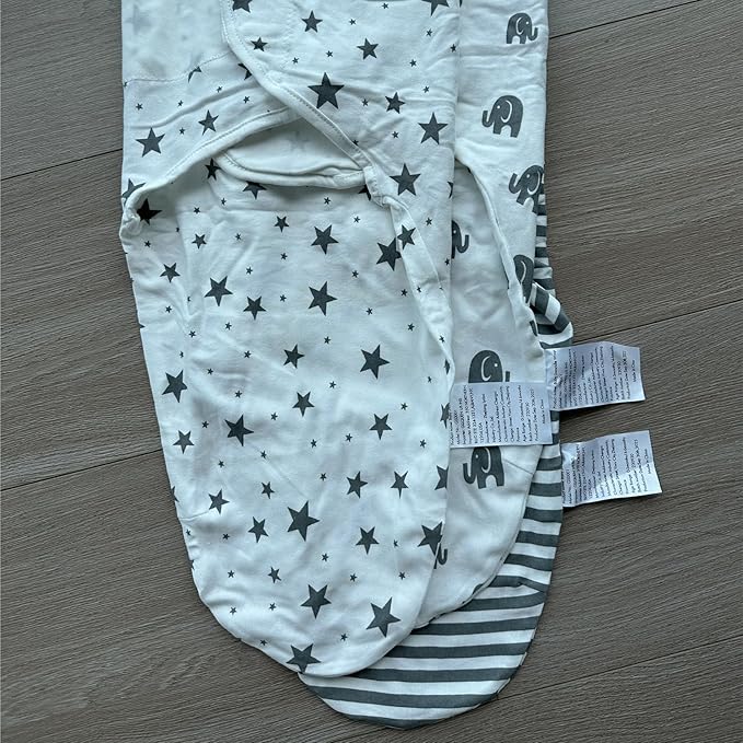 GLLQUEN BABY Swaddle Blankets for Baby Boy Girl, 3-6 Months, Gray Elephant Star & Stripe, 3 Pack Wrap Set, Newborn Adjustable Swaddles Sleep Sack,(Medium/Large)