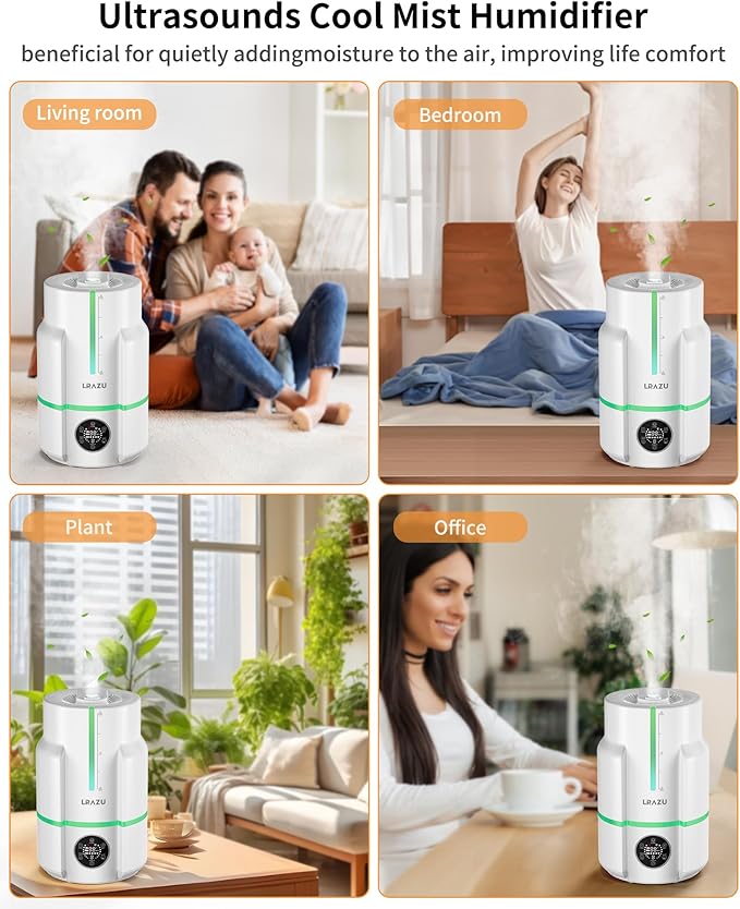 6L Humidifiers for Bedroom, 60H Runtime 26 dB Quiet Supersized Cool Mist Air Humidifiers for Large Room, Baby Nursery, Plant, Indoor, Night Light, Easy to Clean, Precise Humidity Control