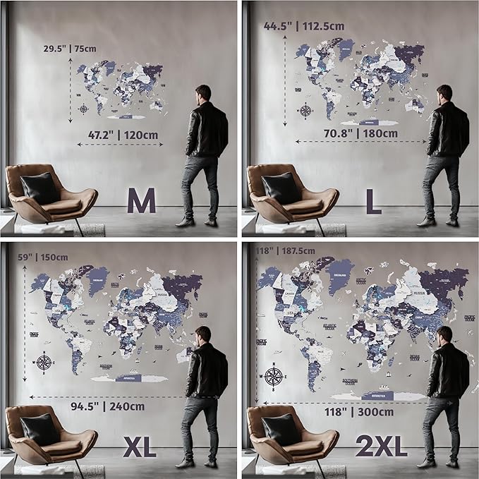 Colorfull Worlds 3D Wooden World Map Wall Art - Premium Multicolored World Travel Map for Wall Decor with Push Pins- Ideal Housewarming Gift & Travel Tracker (XLarge, Navy)