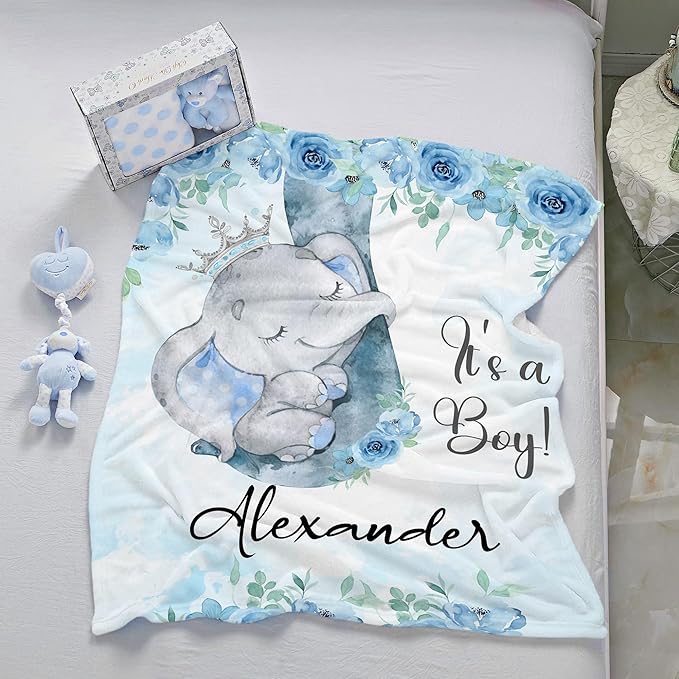 J&SBGFT Personalized Baby Blanket for Boys - Custom Name Receiving Blanket for Toddlers, Kids Nursery, Stroller, Crib Decor Throw - Elephant It's a Boy