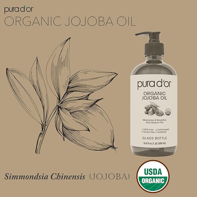 PURA D'OR 16.9 Oz Organic Jojoba Oil (GLASS BOTTLE) USDA Certified - 100% Pure & Natural Moisturizer - Cold Pressed, Unrefined, Hexane Free Base Carrier Oil For DIY Skin Care, Hair, Face & Nails