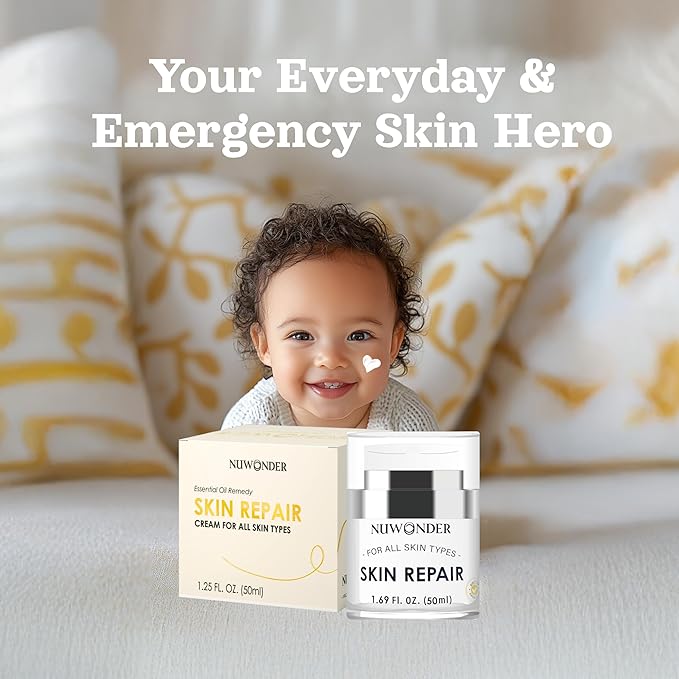 Natural SKIN REPAIR. Clinically tested Aromatherapy. Powerful Essential Oil. Eczema, Dermatitis, Diaper rash, and Sensitive skin. For all skin types. Hypoallergenic, Vegan, Paraben Free. 50ml bottle