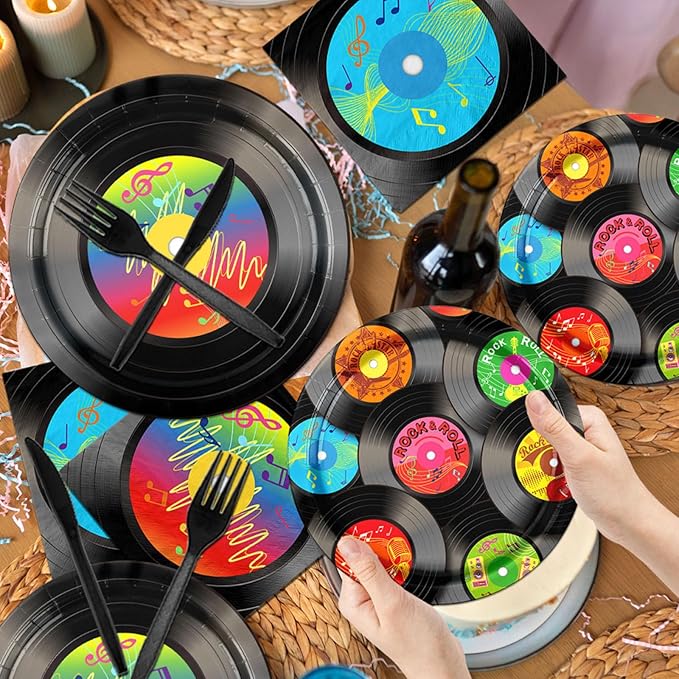 142Pcs Record Theme Tableware Set, 50's Party Decorations Record Paper Plates and Napkins, Cups, Tablecloth, Hanging Swirls Record Banner for 1950's Rock Music Party Supplies