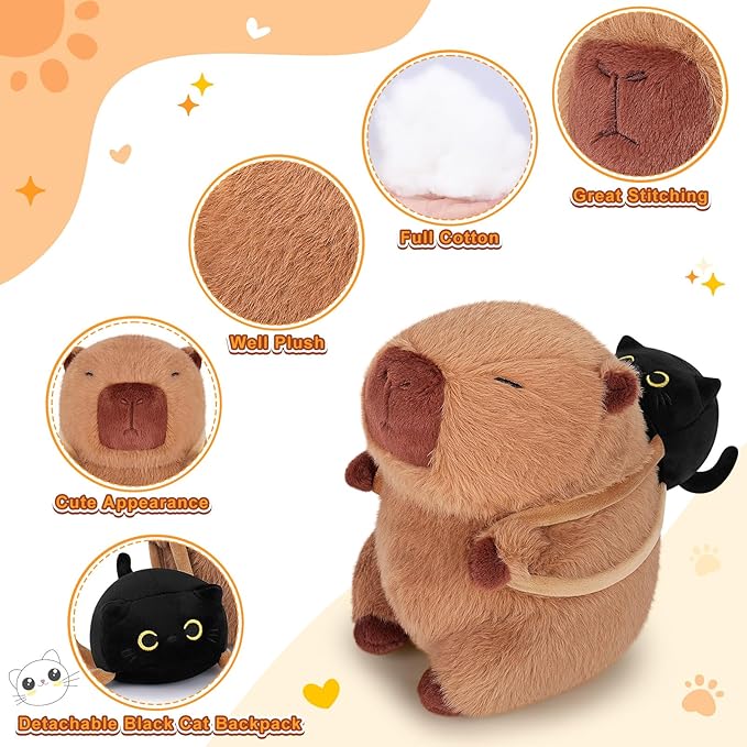 Achwishap Capybara Plush,Capybara Stuffed Animal Cute Plushies,Capybara Plush Toys,Kawaii Plushie Stuffed Toy with Black Cat Backpack Plushies Gifts for Kids Adults(Capybara with Black Cat,9.1”)