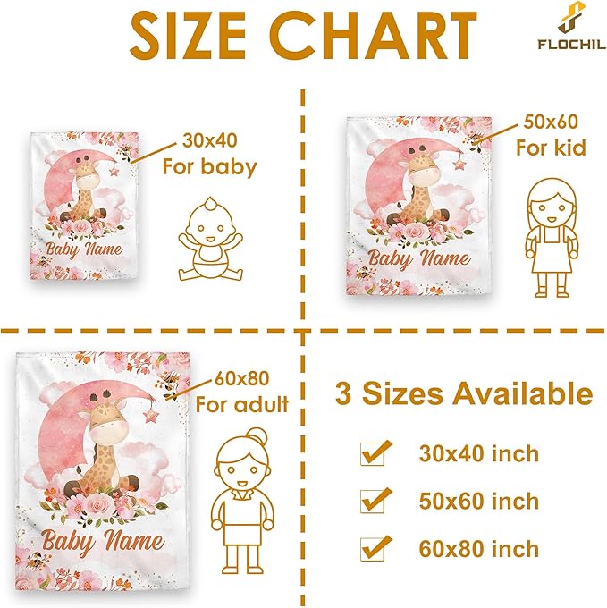 FLOCHIL Personalized Baby Blanket for Girls, Custom Baby Blanket with Name, Customized Baby Products, Gift for Baby, Newborn, Baby Shower (Giraffe)