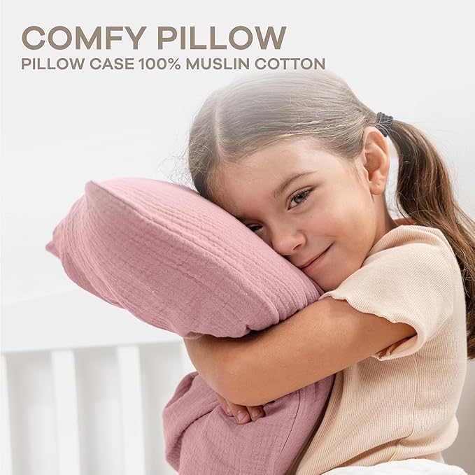 Comfy Cubs Toddler Pillow with Muslin Pillowcase, 13 x 18 in, 2 Pack - Travel and Sleep Support for Kids - Lightweight, Breathable Microfiber Fill - Soft and Cozy Small Pillow for Toddlers - Mauve