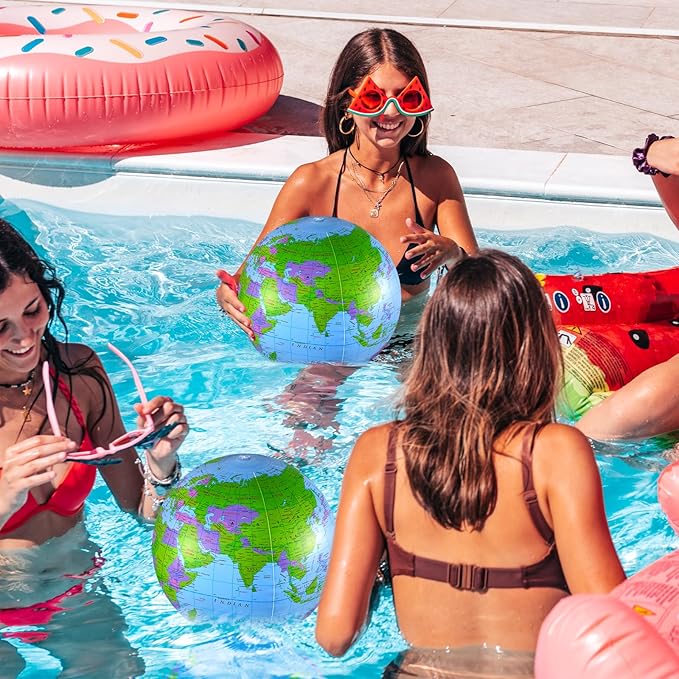 2 Pack Inflatable Globe Blow up World Globe Beach Ball 16 Inch Inflatable Earth Beach Ball for Beach Playing or Teaching, Party Bags, Summer Pool Party, PVC Material