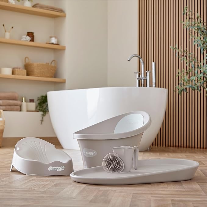 Shnuggle Newborn Baby Bath | Built in Support Bump and Soft Backrest | Suitable from Newborn | Bath Seat Support Includes Plug | Taupe
