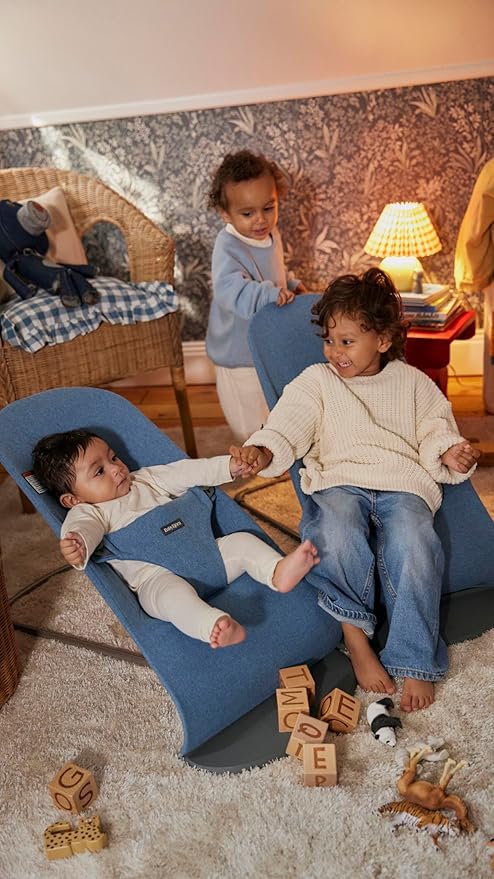 BabyBjörn Bouncer Bliss, Woven mélange, Blue | 2-in-1 Adjustable Baby Bouncer Seat and Toddler Chair, Newborn to Toddler (8-29 lbs), 4 Positions, Lightweight & Portable