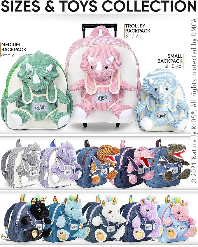 Naturally KIDS Green Dinosaur Backpack for Boys 4-5, Triceratops Dinosaur Gifts for 4-5 Year Old Boys, Girls, Toddler Backpack