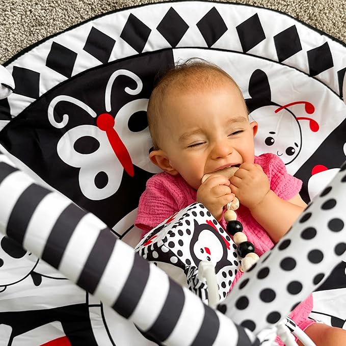 QUOKKA Padded Baby Gym Mat for Floor Tummy Time - Super Soft Black&White Play Gym Mat for Kids Toddlers & Infants - 6 Toys | Thick Pad | Machine Washable | Black White Colors for Vision Development